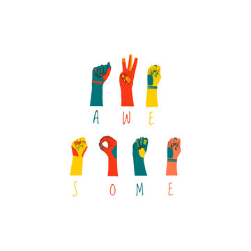 American sign language lettering Awesome. ASL vector illustration. Perfect for sublimation printing on t shirt, mug, dish towel, for poster, card web design and more