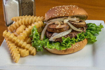 hamburger top with onoins and mushrooms