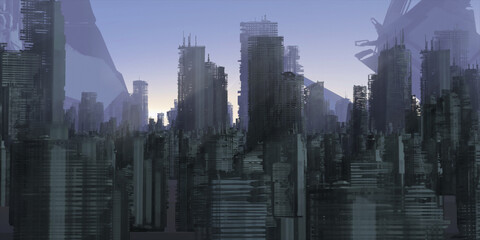 Fototapeta na wymiar Urban skyline. Downtown area. City panorama. Colorful artistic scenery. Digital art.