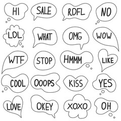 Speech bubble phrases hand draw big set . Online chat clouds with different words comments information shapes vector isolated on white background. Stock illustration