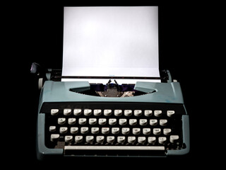 Vintage typewriter, writer or author's tool, inspiration and creativity. On a black background. - 478405364