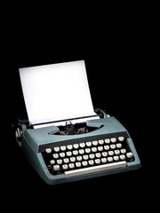 Vintage typewriter, writer or author's tool, inspiration and creativity. On a black background.