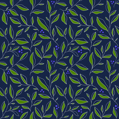 Seamless pattern with branches of blueberry. Vector floral background with stylized leaves and berries.