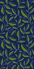 Seamless pattern with branches of blueberry. Vector floral background with stylized leaves and berries.