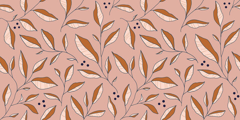 Obraz premium Seamless pattern with doodle colorful leaves. Vector floral background with stylized tree branches.