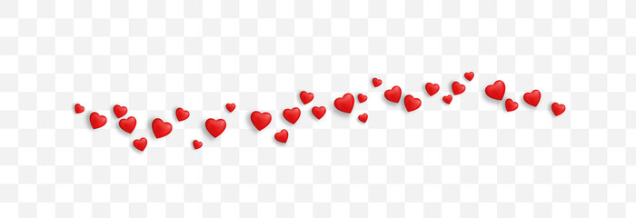 Vector realistic hearts png. Red hearts on an isolated transparent background. Line of hearts. Festive banner, Valentine's Day, PNG.