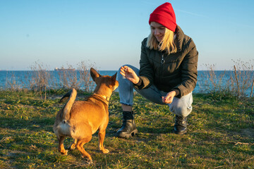 A blonde girl with a purebred dog from the shelter. Playing with a dog on the seashore. Friendship of a dog and a person.