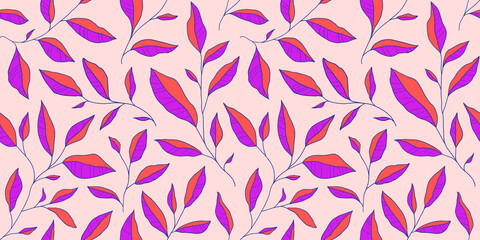 Seamless pattern with doodle colorful leaves. Vector floral background with stylized tree branches.