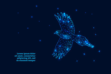 Futuristic glowing flying bird, vector illustration of a modern design in a low-poly style.