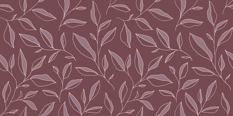 Seamless monochrome pattern with doodle leaves. Vector floral background with stylized tree branches.