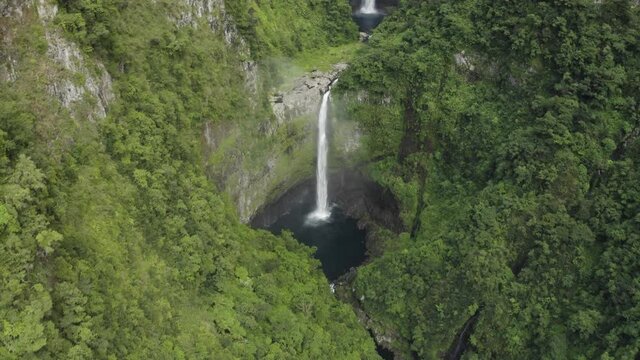 Aerial view of Cascada de L'arc en Ciel, a beautiful waterfall on Canton de Saint Benoit, Reunion.