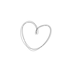 Continuous thin line heart vector illustration, minimalist love sketch doodle. One line art valentine icon, single wedding outline drawing or simple heart logo	