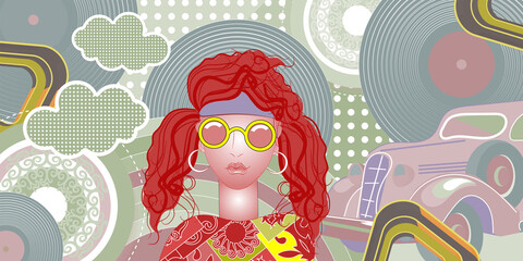 Obraz na płótnie Canvas Modern collage in pop art style. Girl with long hair in a bandana and glasses,flying vinyl records, retro car and other items. Vector illustration