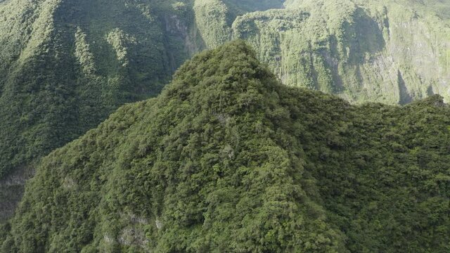 Aerial view of Cascada de L'arc en Ciel, a beautiful waterfall on Canton de Saint Benoit, Reunion.