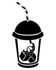 Glass with drink, ice and lemon lid and straw - vector silhouette illustration for logo or pictogram. Takeaway drink in a plastic covered glass with ice and lime