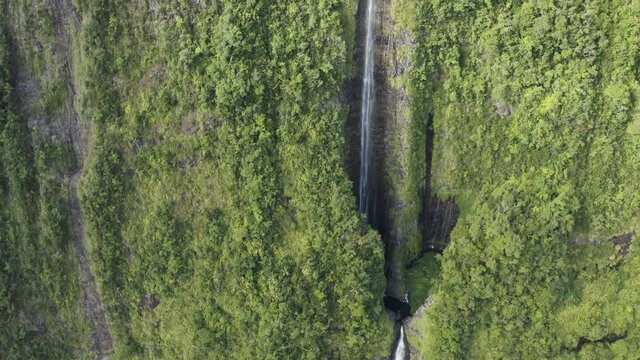 Aerial view of Cascada de L'arc en Ciel, a beautiful waterfall on Canton de Saint Benoit, Reunion.