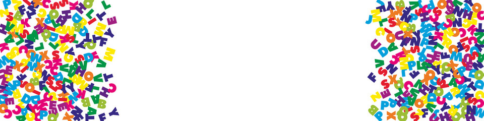 Falling letters of English language. Colorful flying words of Latin alphabet. Foreign languages study concept. Powerful back to school banner on white background.