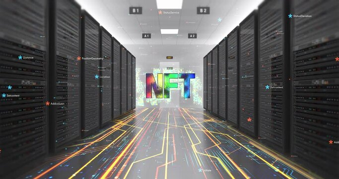 NFT Digital Artwork Symbol In Futuristic Modern Datacenter. NFT Technology Art Related 4K 3D Concept.