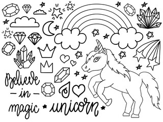 Obraz premium Hand drawn unicorn and other elements. Set of outline illustrations in doodle or cartoon style for coloring books and much more