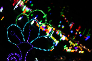 Boyacá, Colombia - 12/10/2021: Christmas lights at Pueblito Boyacense, small town decorated during pandemic with garlands
