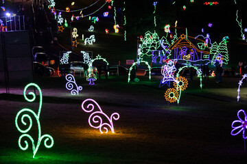 Boyacá, Colombia - 12/10/2021: Christmas lights at Pueblito Boyacense, small town decorated during pandemic with garlands
