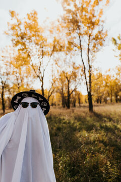 Person leaning into frame dressed as a ghost at a park