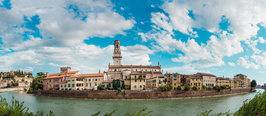 Panoramic of Verona crossed by the river Adige, with the tower of the Cathedral of Santa Maria...