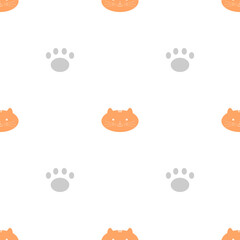 Seamless pattern with cat, tiger, and cat paw on white background. Vector illustration.