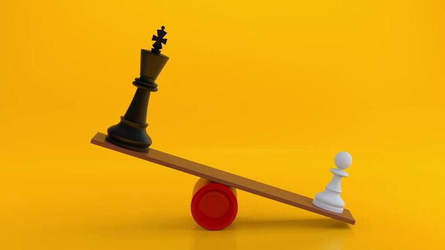 Chess pieces on wooden seesaw, isolated on orange background. 4k Animation