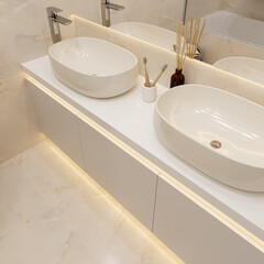 Corner of hotel bathroom with tiles in marble pattern, two sinks and a shower. Scandinavian style. 3d rendering