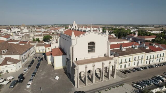 Aerial circle view of church and monastery of Sao Francisco, Evora. Portugal