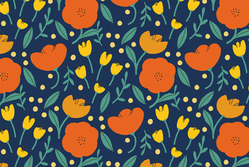 春のオレンジと黄色の草花の紺背景の壁紙
