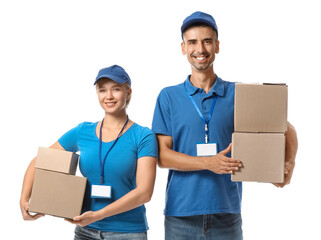 Couriers with parcels on white background