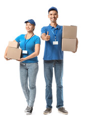 Couriers with parcels on white background