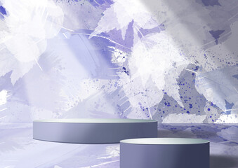 Two podiums for product demonstration. 3D rendering. Leave on background. Natural background. Violet Mockup for cosmetics