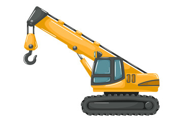 Yellow heavy machinery with telescopic crane for construction and mining cartoon style