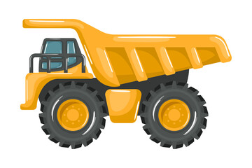 Heavy machinery with cartoon style yellow mining truck on white background.
