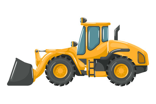 Heavy machinery with front loader cartoon style on white background.