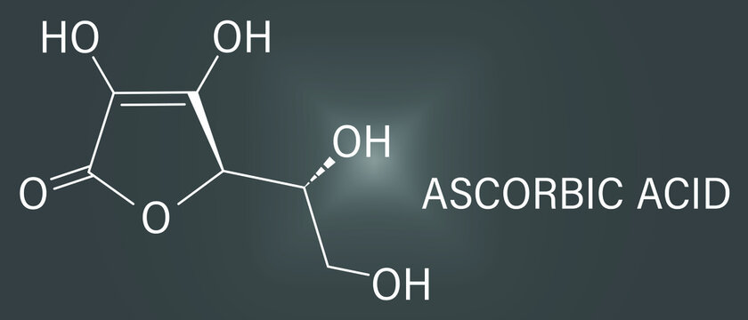Vitamin C, ascorbic acid, ascorbate molecule. Skeletal formula. 