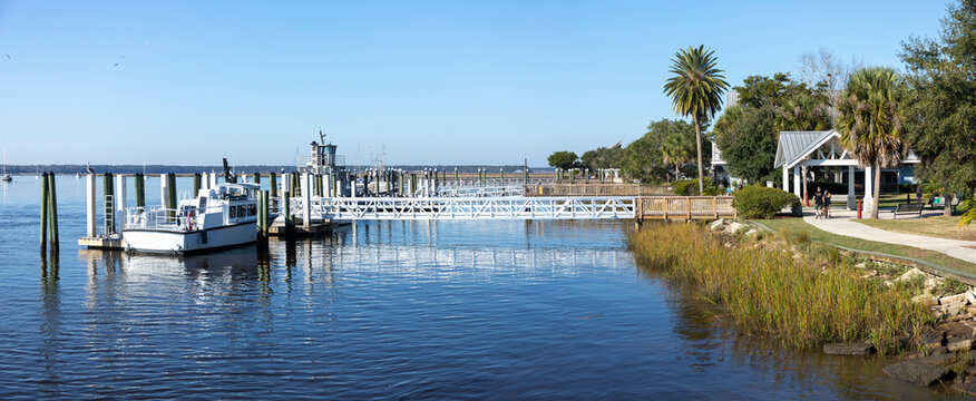 Panoramic view of the waterfront in historic downtown St Marys, Georgia.