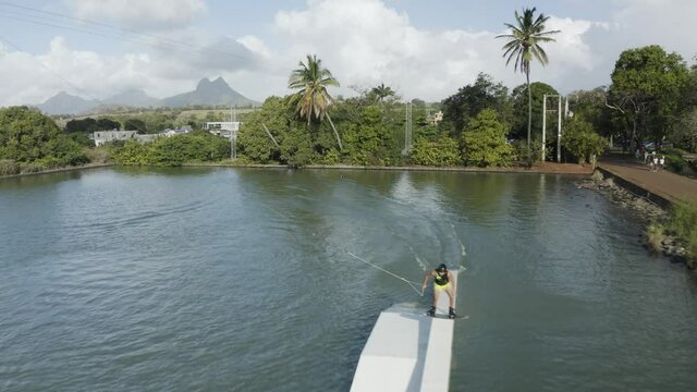 Aerial view of a person doing wakeboard in an artificial swimming pool, Mauritius.