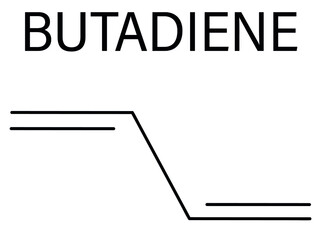 Butadiene or 1,3-butadiene synthetic rubber building block molecule. Used in synthesis of polybutadiene, ABS and other polymeric materials. Skeletal formula.