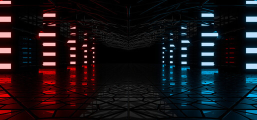 Sci Fy neon lamps in a dark corridor. Reflections on the floor and walls. 3d rendering image.