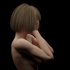 sad naked fashion model under white with short hair holding her face light and on dark background, 3D illustration realistic