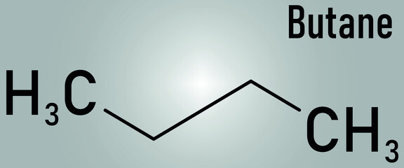 Butane hydrocarbon molecule. Commonly used as fuel gas, alone or combined with propane or LPG, liquified petroleum gas. Skeletal formula.