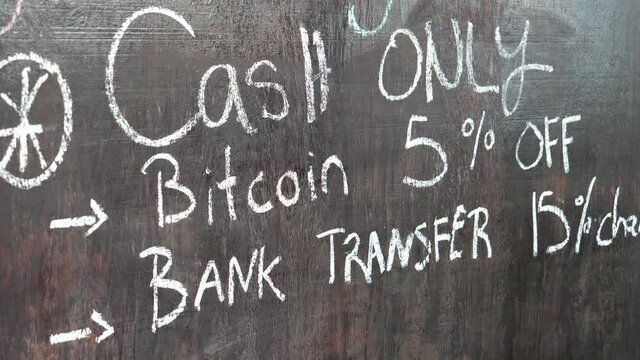 Full shot, a wooden board with a written sign of bitcoin cash only and discount in the bitcoin beach in el Salvador Mexico.