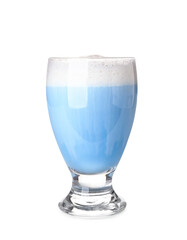 Glass of blue matcha latte on white background