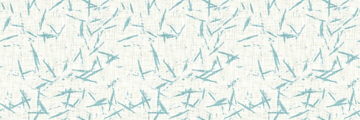 Aegean teal streaked border strip linen texture background. Coastal summer style home decor fabric effect. Sea green wash grunge edge material. Decorative textile mottle seamless pattern banner. 