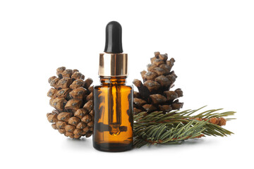 Bottle of essential oil, pine cones and fir branch on white background