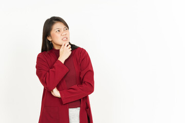 Thinking Gesture of Beautiful Asian Woman Wearing Red Shirt Isolated On White Background